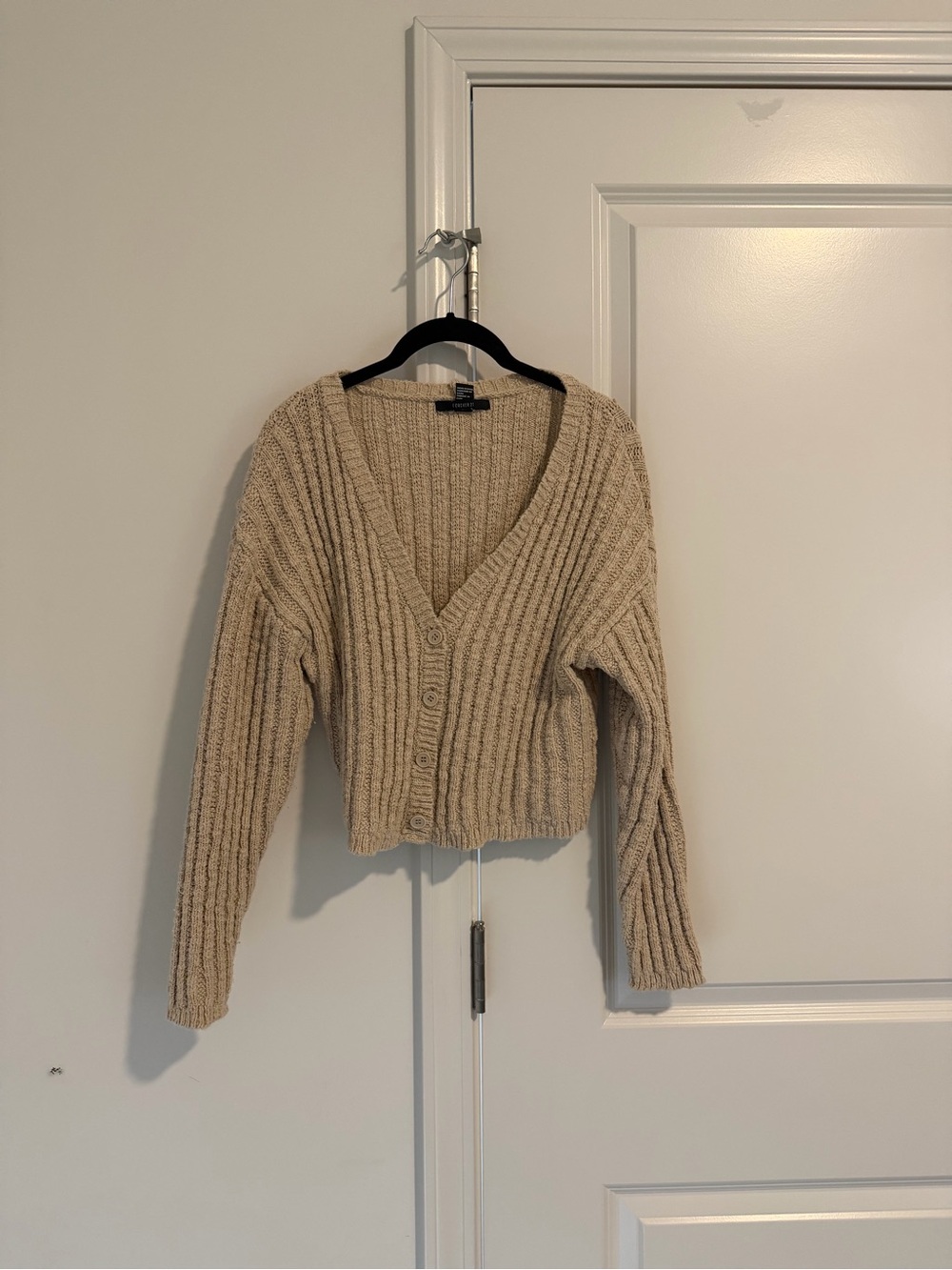 Forever 21 Beige Ribbed V-Neck Button Cardigan